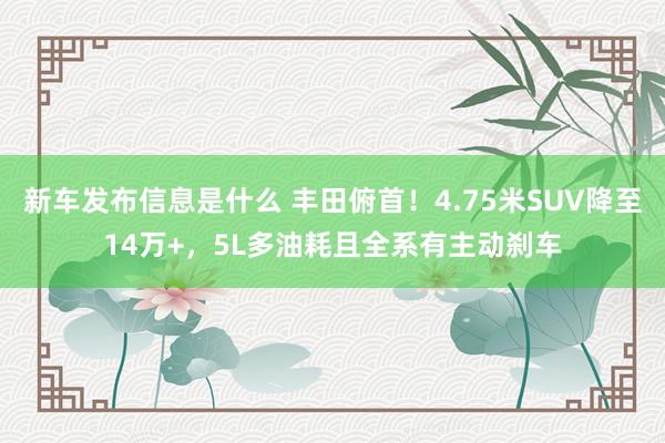 新车发布信息是什么 丰田俯首！4.75米SUV降至14万+，5L多油耗且全系有主动刹车