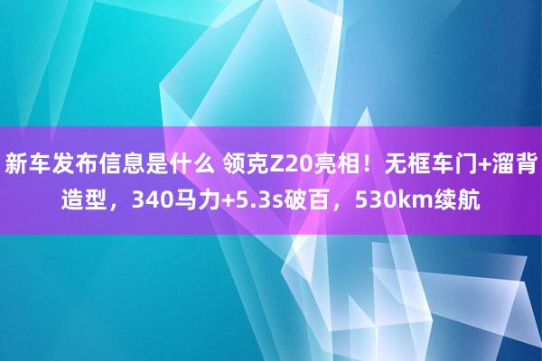 新车发布信息是什么 领克Z20亮相！无框车门+溜背造型，340马力+5.3s破百，530km续航